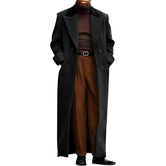 Mens Black Full Length Trench Coat Notched Lapel Long Jacket Winter Overcoat - Picture 1 of 6